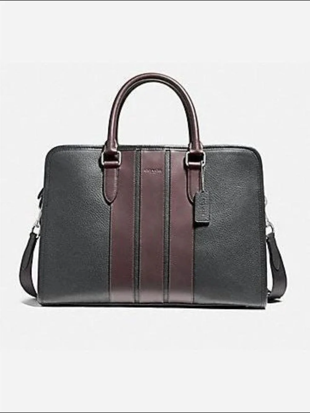Coach Black Leather Briefcase with Burgundy Center Stripe